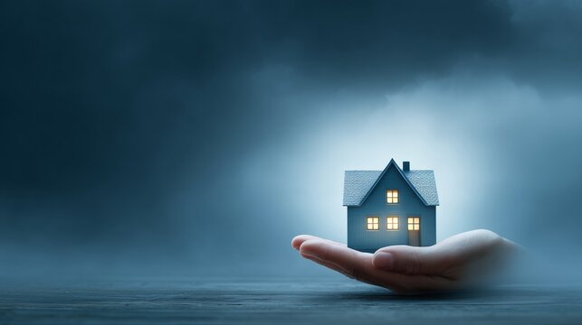 A hand presenting a lit miniature house under a stormy sky, symbolizing asset protection for property and financial security.