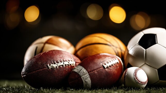 Sports Equipment Array: Football, Basketball, Soccer, Baseball, and Rugby