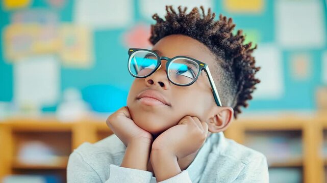 Thoughtful youthful student in spectacles pondering future dreams, looking skyward within vibrant classroom ambiance.