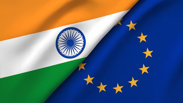 Indian and european union flags overlapping in wavy fabric texture depicting strategic partnership between india and europe for global trade diplomacy and international cooperation