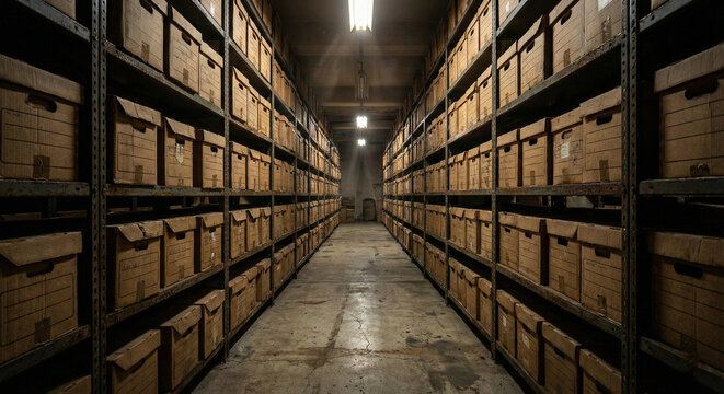 Dimly Lit Archive Room Filled with Cardboard Storage Boxes