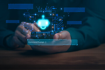 AI chatbot technology concept. Hand holding smartphone with digital artificial intelligence robot and command prompt for future automation and innovation.