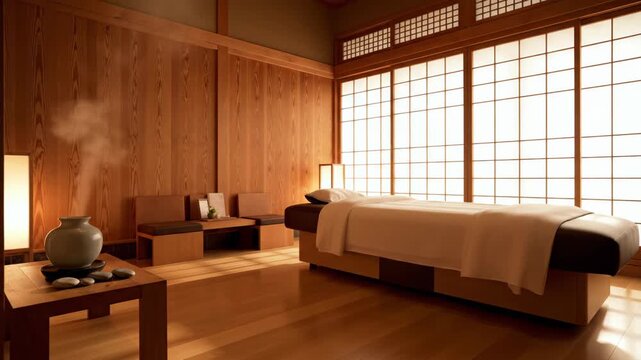 Tranquil Interior of a Modern Japanese Tea Room with Minimalist Design and Natural Light Accentuating Serenity and Calm Atmosphere
