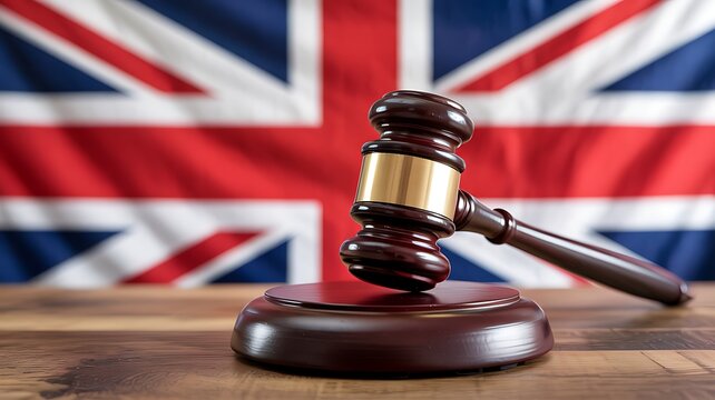 Wooden judge gavel on sounding block against blurred united kingdom flag background representing british justice system legal law enforcement court proceedings and national authority