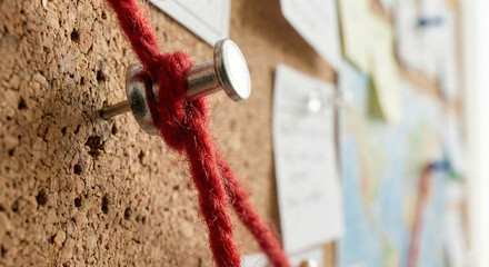 Red String Wrapped Around Metal Pin on Corkboard Map