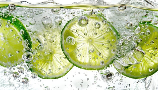 Close-up of lime slices submerged in bubbly water, with ice cubes, against white
