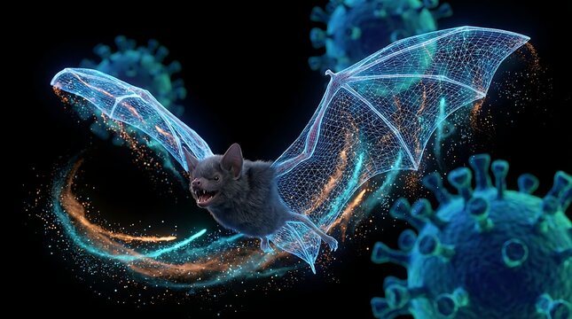 Wireframe bat spreading wings surrounded by glowing particles and abstract coronavirus particles symbol of virus transmission and scientific research into zoonotic diseases