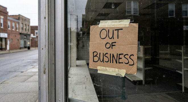 Cardboard Out Of Business Sign Taped on Storefront Glass Window