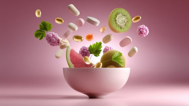 Vibrant Composition of Fresh Fruit and Nutritional Supplements in a Bowl on a Pink Background