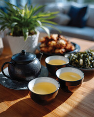 Fototapeta premium An elegant tea set sits on a wooden table with delicate cups filled with tea, surrounded by appetizing snacks and a plant, creating an inviting and peaceful atmosphere for relaxation.