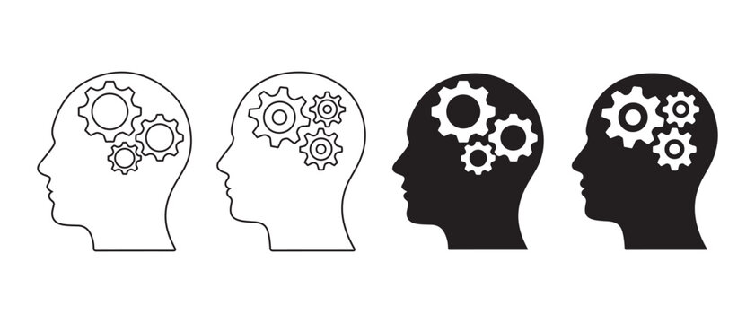 Human Head Silhouettes with Intricate Gears Symbolizing Thought Processes, Problem-Solving, and Innovative Thinking Icons.