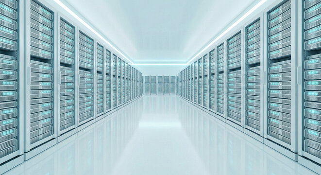 Modern White Server Room Data Center Interior with Blue LED Lights