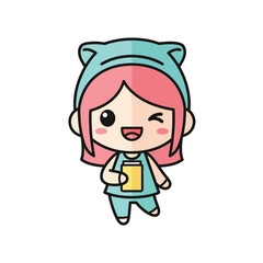 Fototapeta premium Cute Cartoon Girl with Cat Ears Vector Illustration