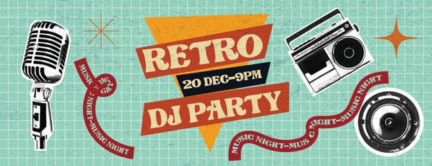Retro vintage halftone DJ music Party Event Banner with Vintage retro pop art Audio Gear, Microphone, Boombox, Speaker, old radio y2k banner social media cover header with paper cutouts sticker grid  © Nusrat