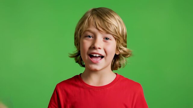 Blond boy in red shirt displays various expressions on green background isolated for advertising or media use
