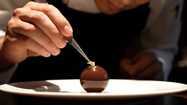 Close-up of a chef's hand garnishing a chocolate dessert with a small utensil on a white plate in a dark setting.