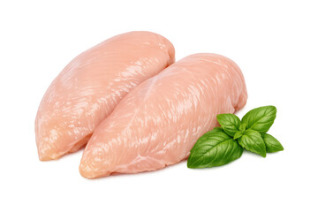 Raw chicken breasts and fresh basil leaves, clean protein food preparation, transparent background