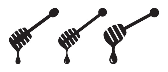 Black Honey Dipper Icons Dripping Sweet Liquid. Minimalist Vector Set for Food, Dessert, and Healthy Branding. © CreatetiveDesignX