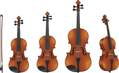 Fototapeta premium Classical violin instrument illustration set with different violin sizes and bow, orchestral music string collection vector