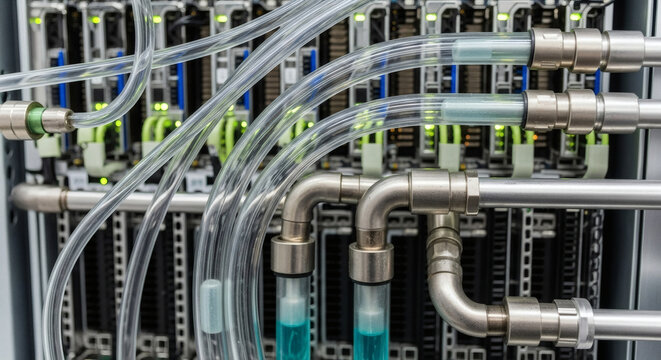 Close-up view of industrial pipes and tubes with green and blue connectors on a metallic equipment panel