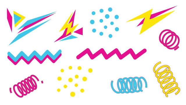 Vibrant 90s retro graphic design elements with lightning bolts and squiggles on white background
