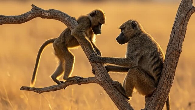 Two baboons interacting on tree branches at sunset in natural habitat