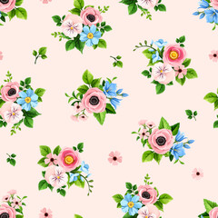 Seamless floral pattern with small pink and blue flowers on a pink background. Vector floral print