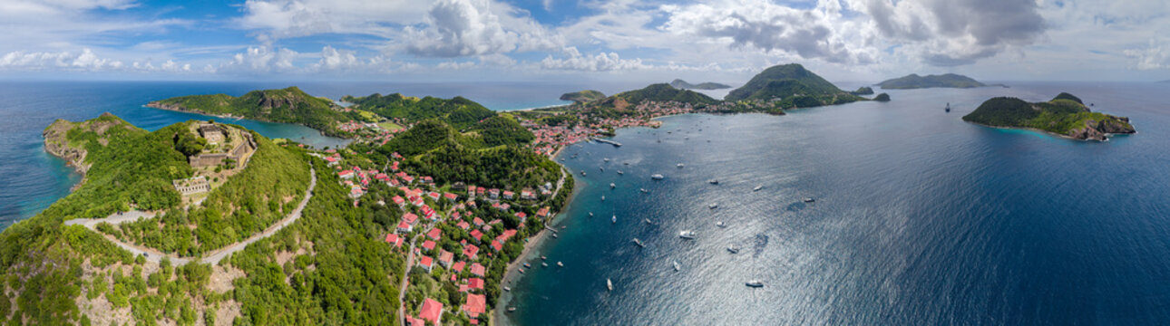 Aerial Panoramic view of Islands Les Saintes (Caribbean island Guadeloupe) with Fort Napoleon and commune Terre-de-Haut
