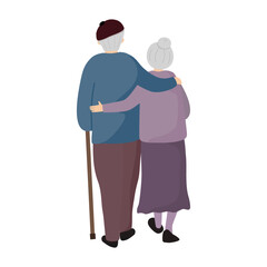 Back view of elderly couple walking together with cane and holding hands. Romantic relationship concept. Hand drawn vector illustration