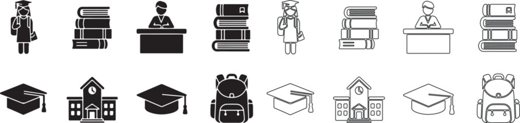 Collection of Education and Learning Vector Icons Set in Solid and Outline Style isolated PNG with Transparent Background
