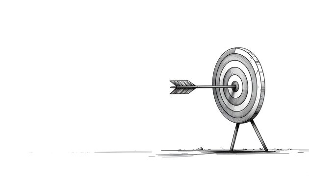 Arrow hitting Bullseye Target, Success Concept, Hand-drawn Illustration on White.