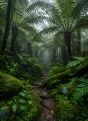 Obraz premium Misty Fern Forest Path Through Towering Tree Ferns and Lush Undergrowth