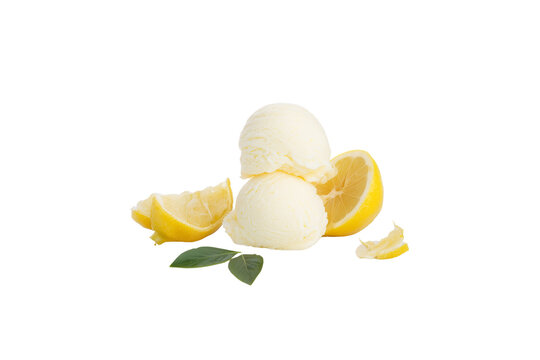 Two scoops of refreshing lemon sorbet served with fresh lemon slices and mint isolated on transparent or white background, png