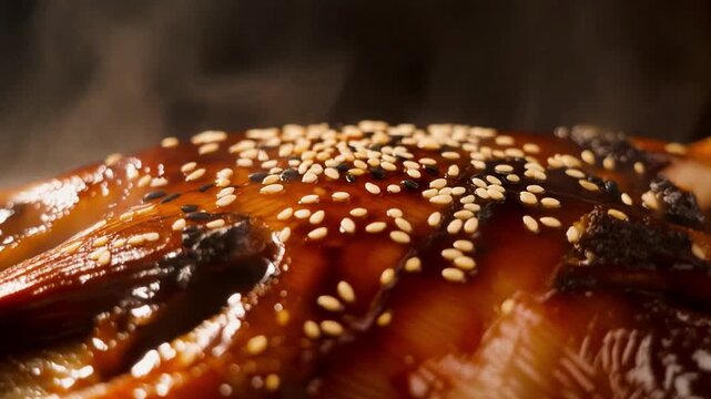 Close-up of roasted Peking duck skin with ultra glossy caramel texture and rising steam, 4K loop