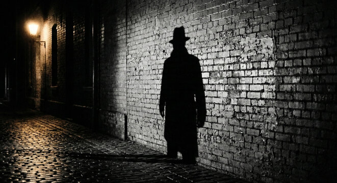 Mysterious Silhouette Man in Trench Coat in Dark Alley Night