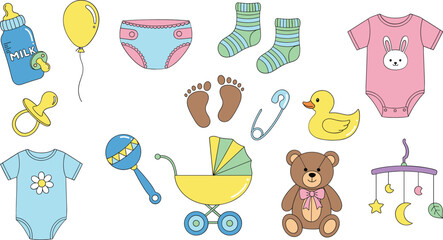 Cute baby essentials icon set with stroller, teddy bear, pacifier, bottle, clothes and nursery accessories illustration