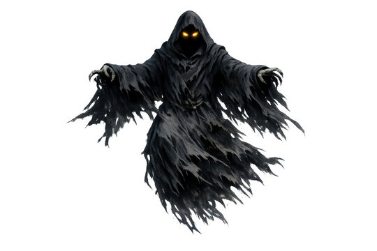 Dark mysterious hooded figure with glowing eyes representing death or a phantom, floating eerie entity for halloween