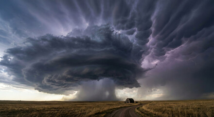 Massive Supercell Thunderstorm Cloud Over Rural Farm Landscape © sxcd