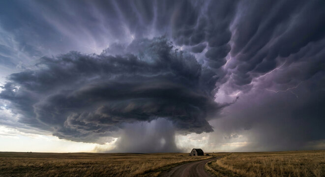 Massive Supercell Thunderstorm Cloud Over Rural Farm Landscape