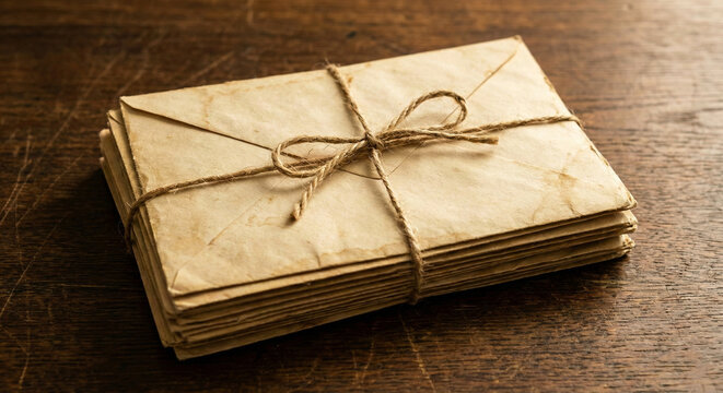 Stack of Old Vintage Letters Tied with String on Wood Table