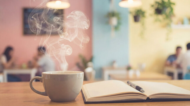 Steaming hot coffee cup and open notebook on table inside colorful modern cafe with soft light and relaxed creative workspace atmosphere