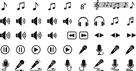 Collection of music note vector icons and audio equipment silhouettes for sound design, microphone and headphone symbols for podcast studio branding, isolated, black.