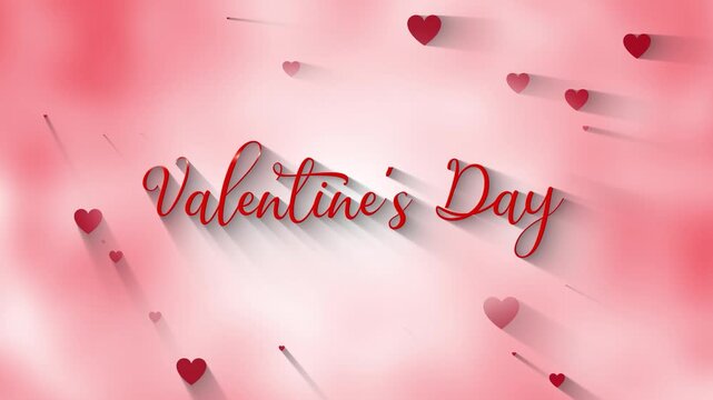 Elegant red script Valentine's Day typography with long shadows and floating hearts on a soft romantic pink background for holiday celebrations