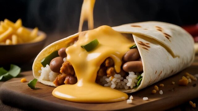 4K Food Macro: Detailed beans, rice, and melting cheese falling inside a burrito shell