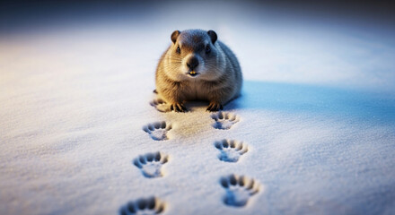 Groundhog standing in snow following its paw prints