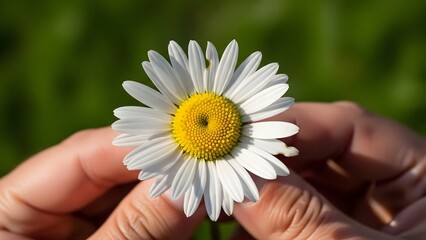 Holding a single white daisy