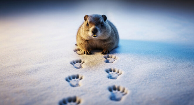 Groundhog standing in snow following its paw prints  