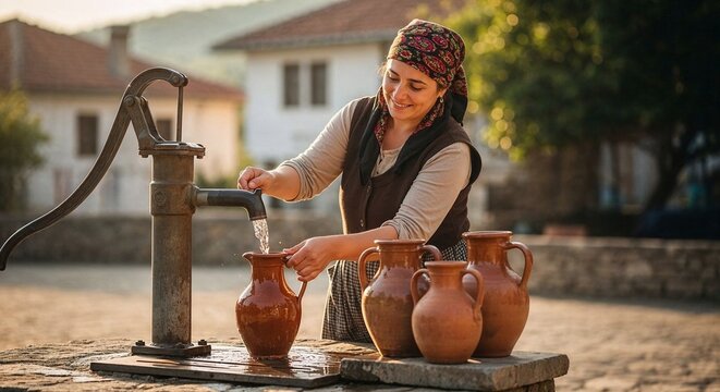 Woman filling clay pitchers with water at a village well outdoors  