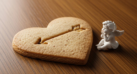 Heart-shaped cookie with Cupid figurine on wooden table  