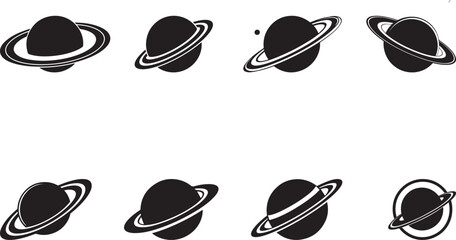Set of minimal black planet icons with rings in different angles, clean space symbol collection ideal for astronomy themes, science projects, futuristic design, logo creation, and modern graphic illus © Hina
